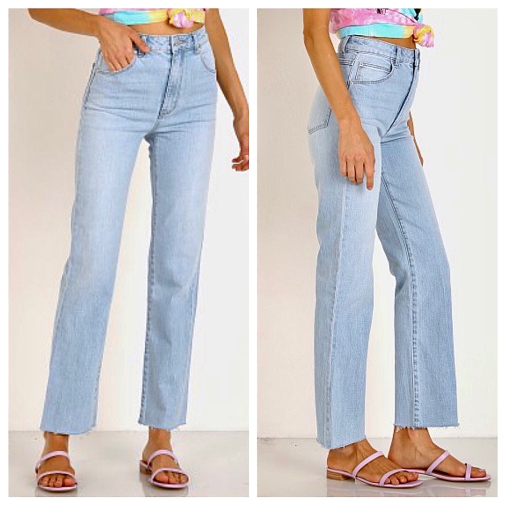 Rolla's Jeans Original High Rise Straight Leg Light Wash Raw Fringed Hem 29